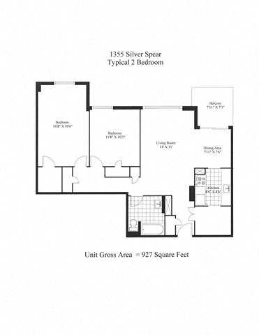 Floor plan for 2 beds, 1 bath, 972 sqft